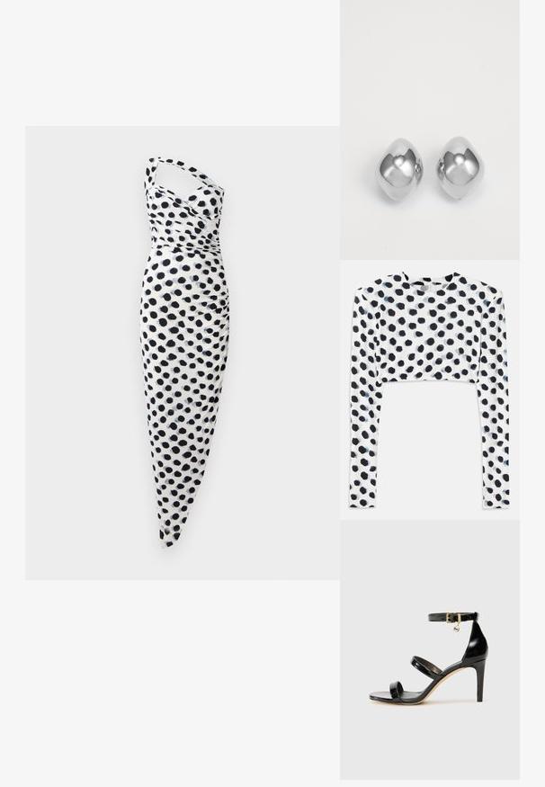 Balta suknelė su viena petneša, pagražinta juodomis taškeliais, prigludusi prie kūno, su susikaupusiais detalėmis šone.; Trumpas ilgomis rankovėmis marškinėliai iš tamprus balto audinio su juodais taškeliais, lygia tekstūra ir apvaliu kaklu.; Juodas patentuotas odinis sandalai su trimis diržais, kulkšnies sagtimi ir 4 colių stiletto kulnu. Yra aukso detalės ir logotipo žavesys.; Sidabriniai metaliniai auskarai su lygia, apvalia forma, pasižymintys poliruotu paviršiumi ir atspindinčia danga. Minimalistinis dizainas be dekoracijų.