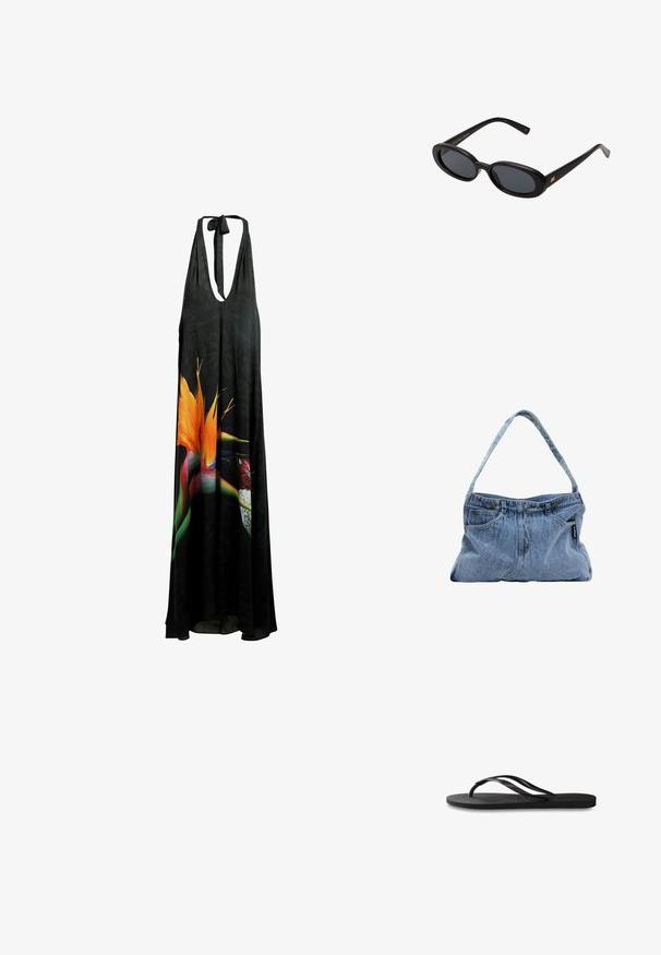 Svart halterneck maxiklänning med djup V-ringning, blommönster med livfulla orange och gröna detaljer, samt ett lätt och flödande tyg.; Svart flip-flop med en texturerad gummisula, två slanka remmar och en subtil, präglad logodetalj på remmen.; Svarta överdimensionerade solglasögon med ovala linser, slät plastbåge och guldaccent på bågarna. Mörka linser ger solskydd.; Denimaxelväska med en böjd rem, två frampocket och en knäppt topp, med ljusblått tyg och kontrasterande sömdetaljer.