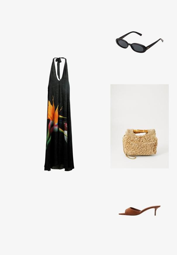 Zwarte maxi-jurk met halternek, voorzien van een diepe V-halslijn, bloemenprint met levendige oranje en groene details, en een lichtgewicht, vloeiende stof.; Bruine suède open-toe mules met een gebogen ontwerp, voorzien van een lage stiletto hak en een strakke, minimalistische uitstraling.; Zwarte oversized zonnebril met ovale lenzen, een glad plastic montuur en gouden accenten op de pootjes. Donkere lenzen bieden bescherming tegen de zon.; Geweven stro handtas met bamboe handvatten, met een textuur franje ontwerp in natuurlijk beige en een gouden ketting schouderband.