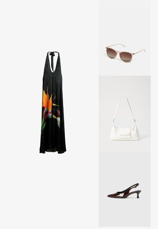Čierne maxi šaty na kruhových ramienkach s hlbokým V-výstrihom, kvetinovým vzorom a živými oranžovými a zelenými detailami, vyrobené z ľahkej, prúdiacej tkaniny.; Hnedá lakovaná slingback obuv s špicatou špičkou a mierne vysokým opätkom. Obsahuje pracku pre bezpečné upevnenie. Hladká textúra.; Hnedé slnečné okuliare s prechodovým efektom a priehľadným ružovým rámom, štvorcového tvaru a tenkými kovovými ramenami. Obsahujú zaoblené okraje a minimálne detaily.; Biela syntetická kabelka s trojuholníkovým tvarom, plochým predným klapkou a detailom mašle, nastaviteľným popruhom, hladkou textúrou a minimalistickým dizajnom.