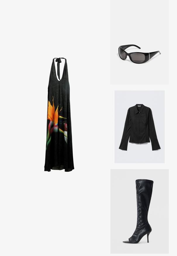 Zwarte maxi-jurk met halternek, voorzien van een diepe V-halslijn, bloemenprint met levendige oranje en groene details, en een lichtgewicht, vloeiende stof.; Zwarte damesjas met lange mouwen, voorzipper, brede manchetten en een kraag, plat gelegd op een lichtgrijze achtergrond.; Zwarte synthetische leren kniehoge laars met een puntige open teen en een hoge stiletto hak. Getextureerde bovenkant en een gladde afwerking.; Zwarte zonnebril met glanzende kunststof montuur, graden grijze lenzen en zilverkleurige accenten aan de zijkanten. Strak, gebogen ontwerp.