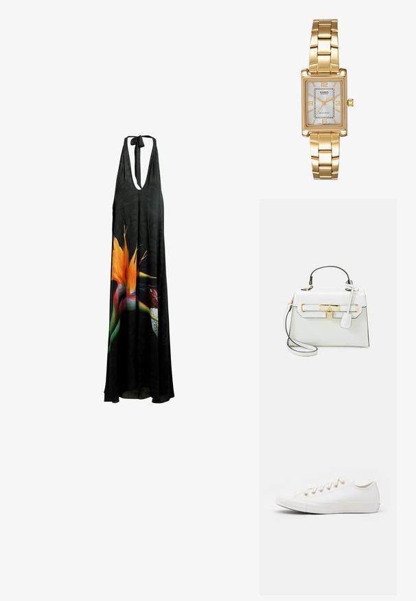 Čierne maxi šaty na kruhových ramienkach s hlbokým V-výstrihom, kvetinovým vzorom a živými oranžovými a zelenými detailami, vyrobené z ľahkej, prúdiacej tkaniny.; Converse CHUCK TAYLOR ALL STAR - Tenisky - vintage white/light gold; Biela kabelka s krokodílovou textúrou, zlatým kováním, horným uchom a odnímateľným ramenným popruhom; obsahuje zámkové uzatvorenie a minimalistický dizajn.; Zlatý obdĺžnikový náramkový hodinky s bielym ciferníkom, striebornými indexmi a odolným kovovým náramkom. Obsahuje vodoodolnú funkciu.