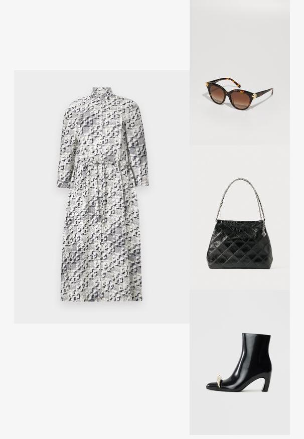 Dlouhá košilová šaty s dlouhým rukávem v bílé a námořnické modré barvě s leopardím vzorem, s stojáčkovým límcem a zúženým pasem pro přiléhavý tvar.; Černé kotníkové boty vyrobené z lesklé kůže, s špičatou špičkou a dekorativním zlatým a stříbrným akcentem na přední straně. Design s blokovým podpatkem.; Sluneční brýle ve tvaru motýla s želvovinovým vzorem, gradientní hnědé čočky a zlaté akcenty na přední straně, s štíhlými rameny s lesklým povrchem.; Černá prošívaná kožená kabelka se stříbrným řetízkovým uchytem, s výrazným tvarem a hladkou texturou.