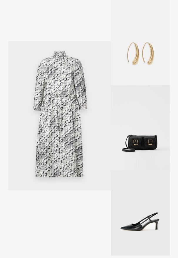 Kombinezon s dugim rukavima u bijeloj i tamnoplavoj boji s uzorkom leoparda, koji ima okovratnik i strukiran pojas za oblikovani izgled.; Crne lakirane slingback pete s oštrim vrhom, s teksturiranim uzorkom zmijske kože, podesivom remenom i kratkom, teksturiranom blok-petom.; Crna kožna torba preko ramena s dva prednja džepa, zlatnim kopčama, zatvaranjem na zip i uskim remenom. Teksturirana površina i kompaktan pravokutan oblik.; Zlatne metalne naušnice u obliku obruča s zakrivljenim, izduženim oblikom. Imaju glatku, sjajnu površinu i zaobljeni vrh za dodatni detalj.