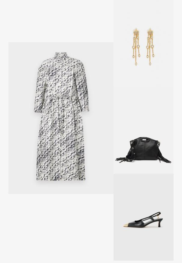Dolga srajčna obleka v beli in mornarsko modri barvi z leopardjim vzorcem, z ovratnikom na stoječem delu in zategnjenim pasom za prilagojeno obliko.; Črne usnjene sandače s koničastim nosom in zlatim kovinskim špirom. Imajo izrezljan dizajn in vitko peto z nastavljivim trakom.; Maje MISS MINI - Torba čez telo - noir; Zlato-tonirane uhane z več kaskadnimi verigami, ki vključujejo prozorne ovalne kamenčke in okrasne zgornje dele.