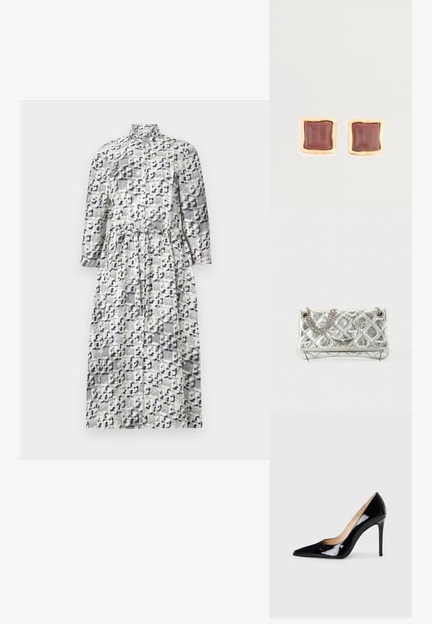 Vestido camisero de manga larga en blanco y marino con un estampado de leopardo, que presenta un cuello alzado y una cintura ajustada para una forma entallada.; Zapato de tacón alto de charol negro con un diseño de punta afilada y una silueta elegante. Presenta un acabado suave y brillante y un tacón de aguja esbelto.; Bolso de mano metálico plateado con asa de cadena, textura acolchada, costura decorativa y cierre de cremallera. Presenta detalles en relieve en la parte frontal.; Pendientes de botón cuadrados con un centro burdeos profundo y un marco texturizado en tono dorado. Superficie lisa con bordes redondeados.