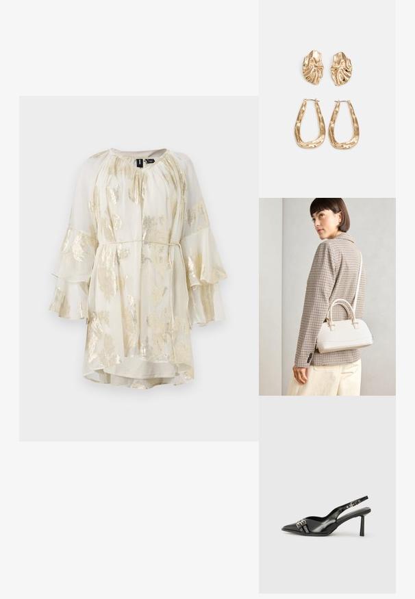 Gaišs, krēmkrāsas kleita ar zelta ziedu rakstu, ar izliektām piedurknēm un savāktu kakla daļu. Iekļauts josta viduklī, kas ļauj pielāgot izmēru.; Melnā patentēta ādas sandale ar norādītu purngalu, potītes siksniņām ar sudraba sprādzēm un aparatūru, kā arī smalku papēdi.; Balta strukturēta roku soma ar īsām rokturiem un plecu siksnu, ar zelta aparatūras akcentiem un strukturētu materiālu, izstādīta uz pelēka fona.; Zelta krāsas auskari ar teksturētām, viļņotām formām. Iekļauts skulpturāls piespraužams modelis un atvērta gredzenveida konstrukcija ar izsistām virsmām.