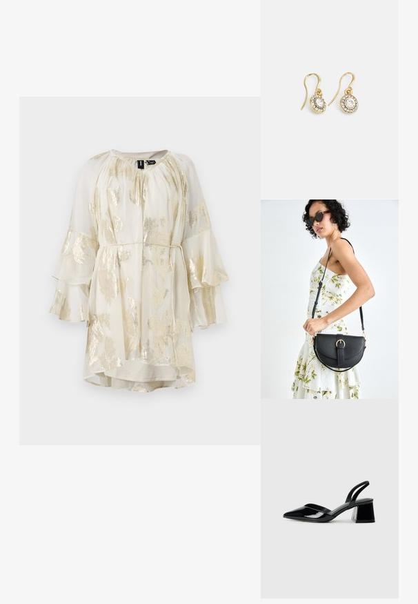 Gaišs, krēmkrāsas kleita ar zelta ziedu rakstu, ar izliektām piedurknēm un savāktu kakla daļu. Iekļauts josta viduklī, kas ļauj pielāgot izmēru.; Melna lakota āda ar atvērto papēdi, ar smailu purngalu un ģeometrisku blokpapēdi. Iezīmējas elegants, minimāls dizains un gluda tekstūra.; Melnas ādas rokassoma ar izliekta formu, noņemamu siksnu un zelta aksesuāriem. Somai ir vāciņš ar sprādzes detaļu.; Zelta tonī veidotas auskaru piekariņi ar ovālu izgriezumu caurspīdīgām kristālēm, kuras ieskauj mazākas caurspīdīgas akmeņu daļiņas, ar āķveida dizainu drošai valkāšanai.