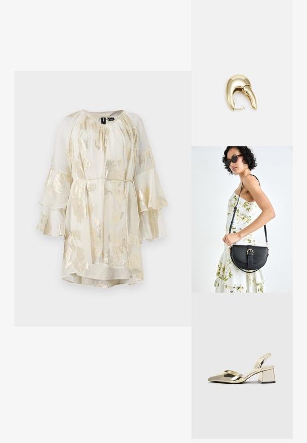 Vestuário leve, vestido creme com padrão floral dourado, mangas largas e decote franzido. Apresenta um laço na cintura para ajuste personalizado.; Sapatos de salto alto metálicos dourados, com biqueira em ponta e salto grosso. Textura suave, design minimalista e uma tira estreita.; Bolsa de couro preta com forma curva, alça destacável e detalhes em dourado. A bolsa possui uma aba com detalhe de fivela.; Brinco em metal dourado com um design elegante e curvo. Apresenta uma forma pontiaguda distinta, superfície polida e fecho por dobradiça.