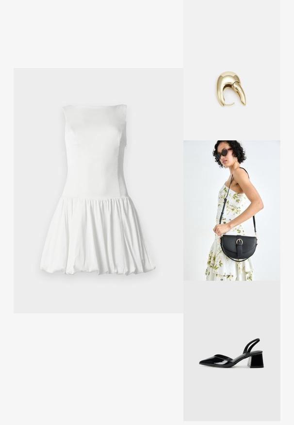 Robe blanche sans manches avec un corsage ajusté et une jupe évasée froncée. Texture lisse avec un drapé doux. Aucun motif ni matériel visible.; Escarpins en cuir verni noir avec bout pointu et talon bloc géométrique. Présente un design élégant et minimaliste ainsi qu'une texture lisse.; Sac à main en cuir noir avec une forme courbée, bandoulière amovible et des accessoires en or. Le sac est doté d'un rabat avec un détail de boucle.; Boucle d'oreille en métal doré avec un design élégant et courbé. Présente une forme conique distinctive, une surface polie et une fermeture à charnière.