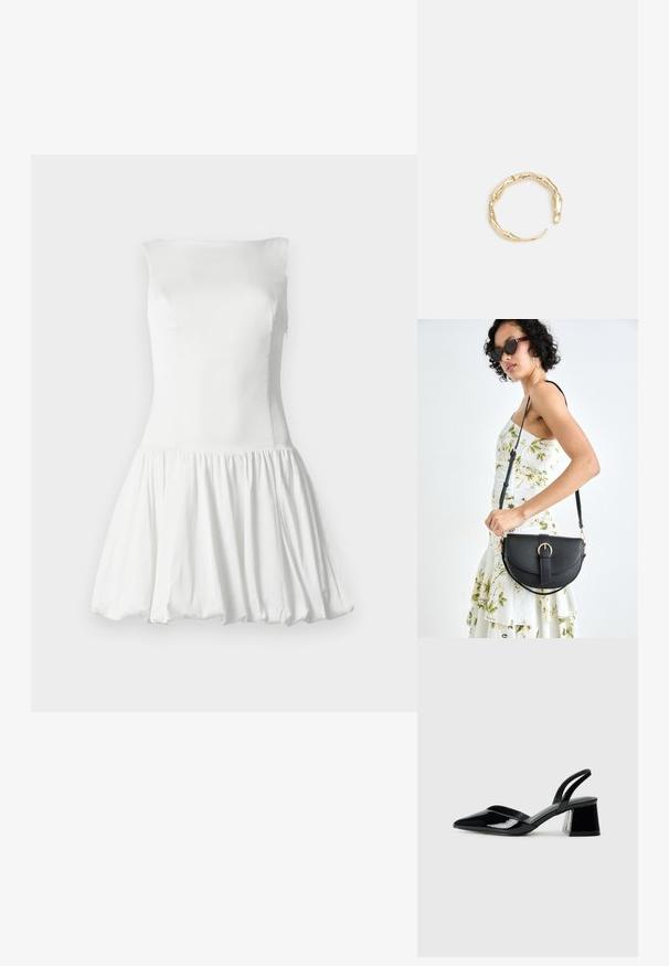 Bela brezrokavna obleka z prilegajočim se korzetom in nabrano široko krilo. Gladka tekstura z mehkimi padecami. Brez vidnih vzorcev ali strojne opreme.; Črne lakirane slingback pete s koničastim nosom in geometrijsko blokasto peto. Imajo eleganten, minimalističen dizajn in gladko teksturo.; Črna usnjena torbica s ukrivljeno obliko, z odstranljivo naramnico in zlatimi dodatki. Torbica ima pokrov s podrobnostmi v obliki zaponke.; Zlati prstan s organskim, zvitim dizajnom, gladko površino in taperiranimi konci, ki ustvarja modernega, skulpturalnega videza.
