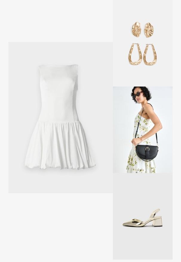 Robe blanche sans manches avec un corsage ajusté et une jupe évasée froncée. Texture lisse avec un drapé doux. Aucun motif ni matériel visible.; Talons aiguilles dorés métalliques avec un bout pointu et un talon épais. Texture lisse, design minimaliste et une fine bride.; Sac à main en cuir noir avec une forme courbée, bandoulière amovible et des accessoires en or. Le sac est doté d'un rabat avec un détail de boucle.; Boucles d'oreilles dorées présentant des formes texturées et ondulées. Comprend des clips sculpturaux et un design de créoles ouvertes avec une finition martelée.
