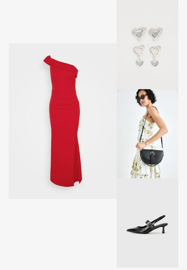 Červené jednoramenné šaty s priliehavou siluetou, postranným rozparkom a drapériou na výstrihu, vyrobené z hladkej látky.; Čierne patentové kožené sandále na podpätku so špicatou špičkou a malým blokovým podpätkom, s dekoratívnou striebornou sponou na remienku.; Čierna kožená kabelka s zaobleným tvarom, odnímateľným popruhom a zlatými doplnkami. Kabelka má klopu s detailom s prackou.; Strieborné náušnice v tvare srdca sú zdobené facetovanými čírymi kameňmi s textúrovaným rámom. Sada obsahuje štýly so zapichovaním a visiacich náušníc.