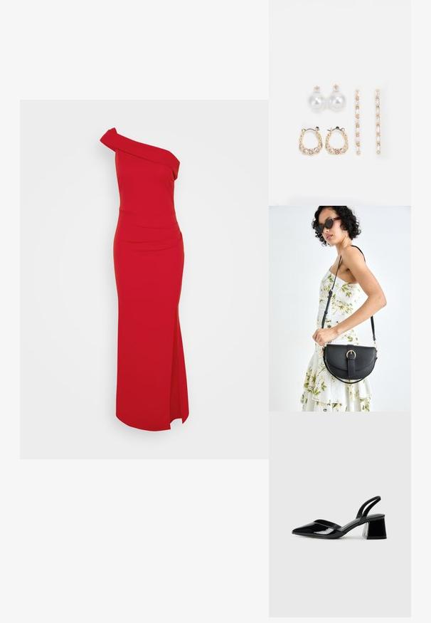 Punane, ühe õlaga kleit, millel on figuuri järgnev siluett, külgsulg ja volditud aktsent kaeluses, valmistatud siledast kangast.; Mustad musta lakknahk kingad, millel on terav varvas ja geomeetriline plokkkonts. Omab elegantselt minimalistlikku disaini ja sujuvat tekstuuri.; Mustmust mustraha kõverate joontega, eemaldatava rihmaga ja kuldsete detailidega. Kotil on klapp, millel on pandladetail.; Kolm paari kõrvarõngaid: suured valged pärlstudid, kuldsed rõngad läbipaistvate gemmidega ning kaks pikka, sirget kullast aktsentkõrvarõngast sädeleva detailiga.