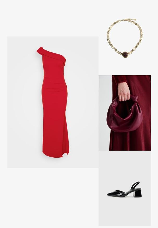 Abito rosso a spalla unica con silhouette aderente, spacchetto laterale e dettaglio drappeggiato sul collo, realizzato in tessuto morbido.; Décolleté in vernice nera con punta affusolata e tacco in geometria cubica. Presentano un design elegante e minimalista, con una texture liscia.; Borsa in pelle bordeaux con un design morbido e arricciato e una forma arrotondata. Il manico è fissato, mostrando una texture liscia.; Collana in metallo dorato con un centro a gemma scura rotonda. La catena presenta un design intrecciato e strutturato con una chiusura regolabile.