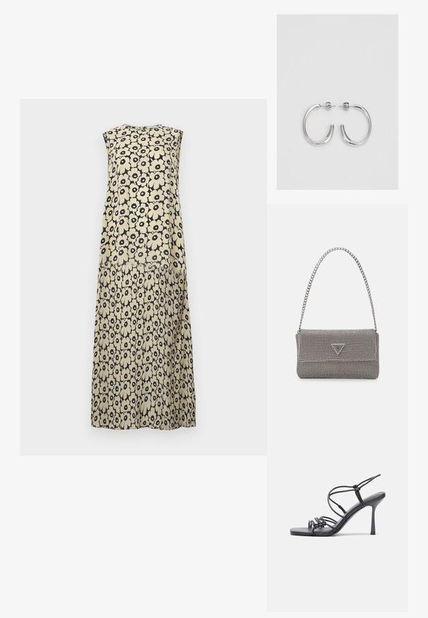Suknja bez rukava u krem i tamnoplavoj boji, s izraženim cvjetnim uzorkom, slobodnog kroja i dužine do koljena. Lagana tkanina.; Crne sandale na visokoj potpetici imaju tanke trake s čvorastim dizajnom, glatki kvadratni vrh i elegantnu stiletto petu.; Svijetlosivi metalik ruksač s lancem, ukrašen malim okruglim metalnim zakovicama i trokutastim logotipom marke.; Srebro naušnice u obliku prstena s glatkom, sjajnom završnom obradom. Zaobljenog oblika, laganog dizajna, s kopčom na poleđini.