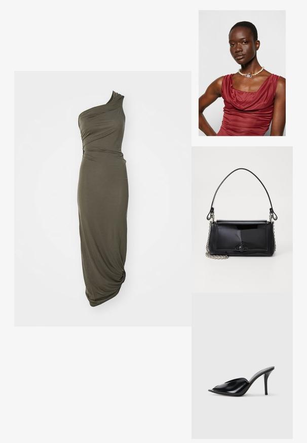 Yhdisteinen oliivinvihreä mekko, joka on valmistettu pehmeästä kankaasta, ja jossa on laskostettu malli ja rypytys yksityiskohtana lantiossa, luoden virtaavan siluetin.; Musta nahkainen korkeakorkoinen mules-malli, avoimella varpaalla, terävä muotoilu, sileä pinta ja kapea stilettokorko.; Musta lakattu nahkalaukku suorakaiteen muotoisena, ketjuhihnalla ja erottuvalla varustusesineellä keskellä. Siveltimellinen pinta.; Syväpunainen cowl-kaula-aukko mekko, jossa on sileä pinta. Asusteena helmikaulakoru, jossa on koristeellinen hopeinen yksityiskohta keskellä.