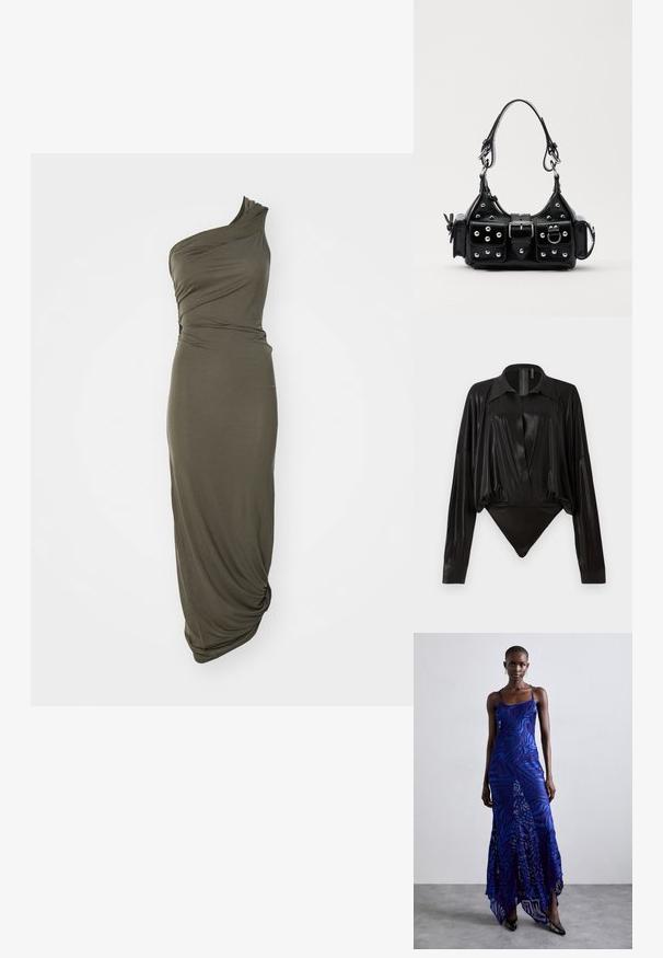 Egy vállra eső, olíva zöld, puha anyagból készült ruha, drapált kialakítással és megkötött részletekkel a csípőn, amely légies sziluettet teremten.; Fekete egyrészes ruházat hosszú ujjakkal, V-kivágással és testhez simuló fazonnal. Fényes, sima anyagból készült, strukturált gallérral és mandzsettákkal.; Kék és lila állatmintás maxi ruha vékony pántokkal, testhez simuló felső résszel, kibővített szoknyával és áttetsző díszítéssel.; Fekete bőr kézitáska ívelt designnal, ezüst szegecsekkel, csattal és két oldalsó zsebbel. Állítható vállpánt a hordozási lehetőségekhez.