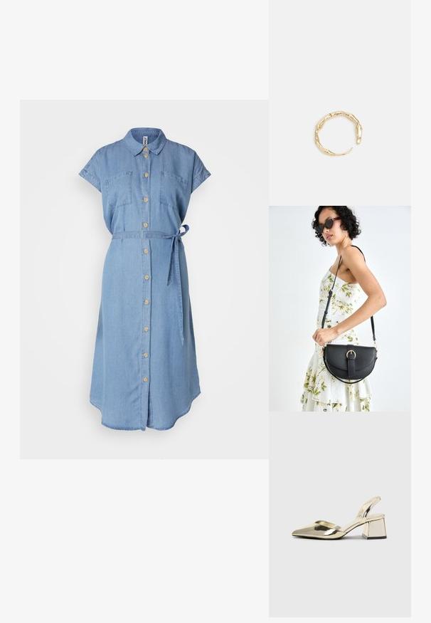 Svetlo modra denim obleka s kratkimi zavihanimi rokavi, sprednjim zapenjanjem na gumbe, dvema žepoma na prsih in trakom iz blaga v pasu.; Zlati, kovinski slingback čeveljci z ostrim nosom in masivnim peto. Gladka tekstura, minimalistična zasnova in ozka zanka.; Črna usnjena torbica s ukrivljeno obliko, z odstranljivo naramnico in zlatimi dodatki. Torbica ima pokrov s podrobnostmi v obliki zaponke.; Zlati prstan s organskim, zvitim dizajnom, gladko površino in taperiranimi konci, ki ustvarja modernega, skulpturalnega videza.