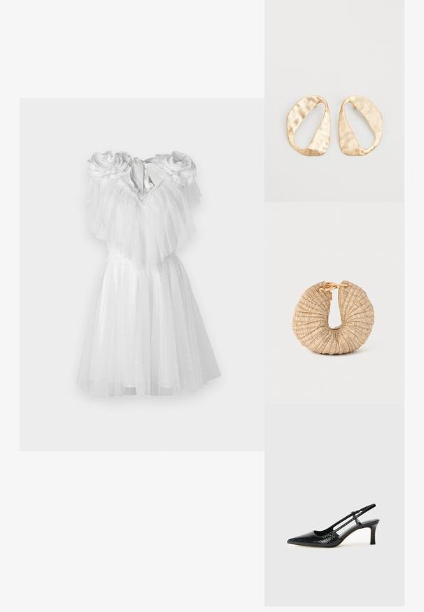 Balta kleita ar ziedu akcentiem uz pleciem, ar slāņotu tulle un pieguļošu augšdaļu. Apakšmalas garums ir virs ceļa.; Melna patent āda ar slīdošo papēdi un smailo purngalu, ar teksturētu čūsku drukājumu, regulējamu siksniņu un īsu teksturētu blokpapēdi.; Cult Gaia UBAH - Vakarsomiņa - wheat; Pāris neregulāras ovālas formas zelta toņos metāla auskaru ar teksturētu, nedaudz sitētu virsmu uz baltas fona.