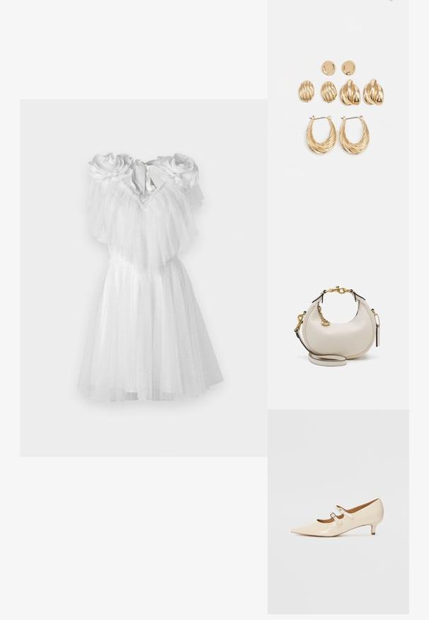 Vit klänning med blommiga accenter vid axlarna, med lager av tyll och en åtsittande livstycke. Kjolens nederkant faller ovanför knäet.; Beige lackläders Mary Jane-skor med två justerbara spännen, spetsig tå och låg klack. Slät yta med en glansig finish.; Krämfärgad läderhandväska med en halvmåneform, guldhardware, svarta detaljer och ett avtagbart axelband. Har även kedjedetaljer och ett märke.; Guldtonade örhängen i set bestående av tre par: strukturerade ovala stiftörhängen, vågiga designstift och stora hängande örhängen med lager av räfflor.