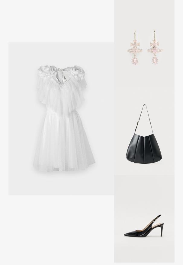 Fehér ruha virágos díszekkel a vállaknál, réteges tüllből és testhez simuló bodicból álló kivitelben. Szegélye a térd fölött végződik.; Fekete lakk bőr kötött magassarkú cipő, hegyes orral és karcsú sarokkal, finom kivágásos dizájnnal. Az övön arany csatt található.; Fekete bőr válltáska redőzött dizájnnal, sima textúrával, egyetlen pánttal és egy diszkrét arany hardver kiemeléssel.; Rózsaszín drágakő fülbevalók masni mintával, réteges szerkezettel és csillogó díszítéssel; a fém alkatrészek megőrzik a fényes felületet.