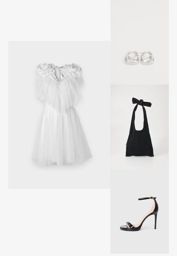 Balta kleita ar ziedu akcentiem uz pleciem, ar slāņotu tulle un pieguļošu augšdaļu. Apakšmalas garums ir virs ceļa.; Melna lakota ādas augstpapēžu sandale ar potītes siksniņu un zelta sprādzi, atvērta purngala, un šaura stiletto papēža uz vienkārša fona.; Loeffler Randall BOBBY PLEATED TOTE - Rokassoma - black; Sudrabotas auskari ar gludu, noapaļotu dizainu un viļņainu akcentu, kas rotāts ar maziem, caurspīdīgiem rhinestones gar vienu malu.