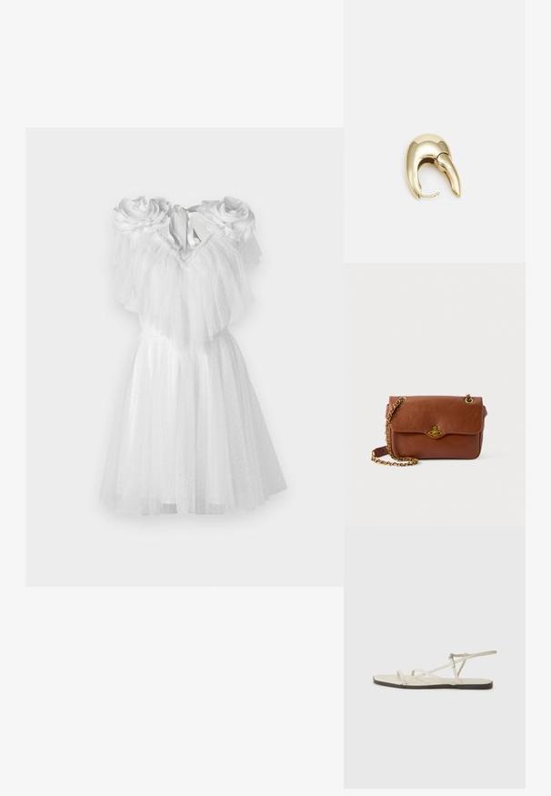 Rochie albă cu accente florale la umeri, având tul stratificat și un corset ajustat. Marginile se află deasupra genunchiului.; Sandalie plate bej cu multiple bretele subțiri și o cataramă ajustabilă. Talpa este plată, cu un ușor contrast întunecat la margine.; Geantă din piele maro, tip crossbody, cu închidere cu clapetă, elemente din aur și curea din lanț. Textură netedă, formă rectangulară, detalii minime.; Cercei din metal de culoare aurie cu un design elegant și curbat. Prezintă o formă distinctivă, ascuțită, o suprafață lustruită și un sistem de închidere cu balama.
