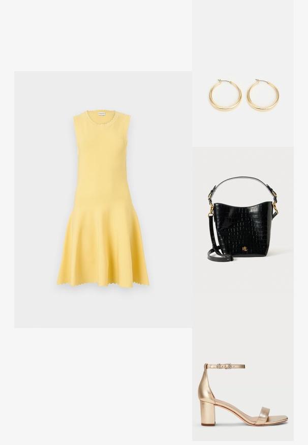 Geel mouwloos jurkje met een uitlopende rok, geribbelde textuur, gegolfde halslijn en zoom, en opengewerkte details langs het lijfje.; Lauren Ralph Lauren LOGAN METALLIC NAPPA LEATHER SANDAL - Sandalen - platinum; Zwarte croco-embossed leren tas met een gebogen ontwerp, gouden hardware-accenten, een verstelbare schouderriem en een logo-detail aan de voorkant.; Gouden oorringen met een glad, rond ontwerp, voorzien van een dunne draadsluiting en een gepolijste afwerking voor een glanzend uiterlijk.