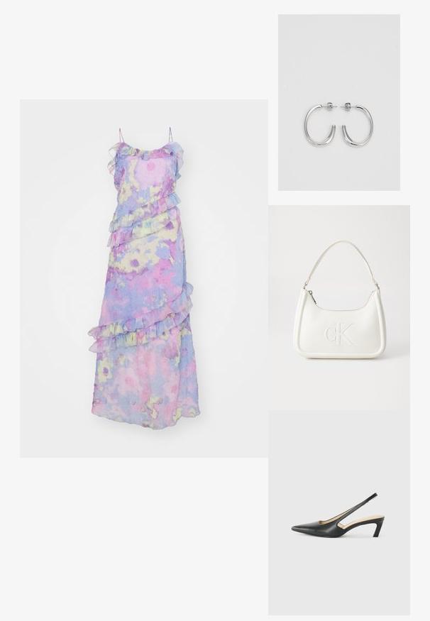 Cras DRESS - Rochie maxi - blue/pink; Pantof cu toc mic, cu vârf ascuțit și slingback, realizat din piele netedă, având un design decupat pe lateral pentru respirabilitate.; Geantă de umăr din piele albă cu formă curbată, având un logo "CK" embosat pe partea din față și un singur braț de umăr. Închidere cu fermoar în partea de sus.; Cercei rotunzi din argint cu un finisaj neted și strălucitor. Design ușor, având o formă rotundă și închidere cu tijă.