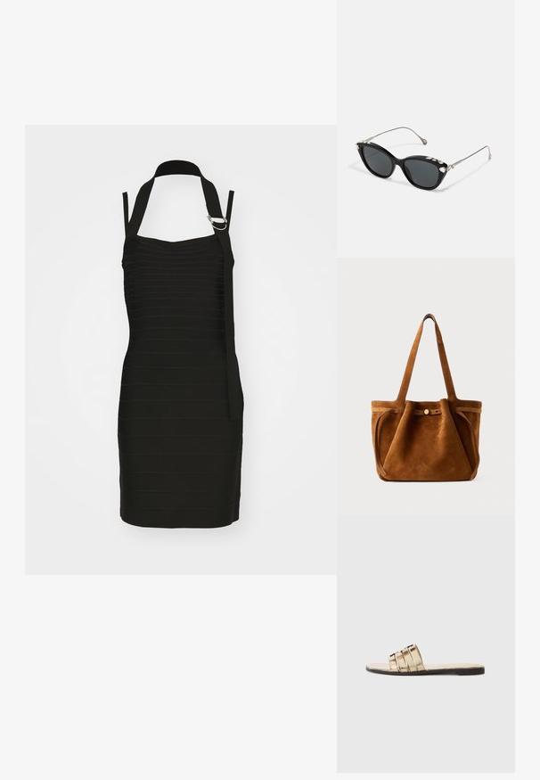 Čierne šaty s horizontálnymi plieškami, dizajnom s halter krkom a bočným pásom so strieborným akcentom. Krátky, priliehavý strih.; Zlaté šľapky s tromi horizontálnymi popruhmi. Plochá podrážka a hladký materiál, s otvorenou špičkou.; Čierne mačacie slnečné okuliare so šedými sklíčkami, s kovovým rámom a dekoratívnymi rhinestónmi pozdĺž horného okraja. Minimalistický dizajn s elegantnými líniami.; Hnedá semišová taška s dvoma uchami, uzatváraním na gombík a uvoľneným, mierne splošteným tvarom.