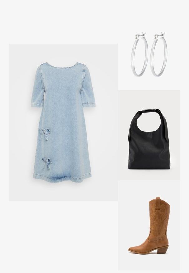 Svetlo modra denim obleka s kratkimi rokavi, okroglim izrezom in dvema okrasnima pentljama spredaj. Prikladen in sproščen dizajn.; Rjavi usnjeni kauboj čevlji s koničastim nosom, vezenimi vijugastimi vzorci na zgornjem delu in zloženim kvadratnim peto. Imajo zanko za enostavno obuvanje.; Črna usnjena torbica z veliko odprto zgornjo stranjo in enim ramenskim trakom. Mehka tekstura, minimalističen dizajn, vsebuje subtilne kovinske poudarke.; Srebrni obroči za ušesa z gladko, polirano površino. Okrogla oblika in varna zaponka s klikom. Lahka zasnova, primerna za vsakodnevno nošenje.