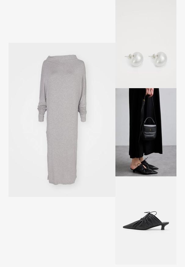 Jasnoszara, długa sukienka z długim rękawem, wykonana z miękkiego, teksturowanego materiału. Posiada szeroki dekolt i boczne rozcięcia dla komfortu i swobody ruchów.; Czarne skórzane mule wsuwane, z ostrym noskiem, marszczoną teksturą i małym obcasem w kształcie kociaka. Posiadają detal ze sznurkiem przy otwarciu.; Mała czarna skórzana torebka o zaokrąglonym kształcie, z uchwytem na górze i odpinanym paskiem. Noszona z czarną sukienką materiałową i czarnymi plisowanymi butami.; Srebrne kolczyki perłowe w zakrzywionym, fasolowym kształcie. Gładka, błyszcząca powierzchnia, z zamknięciem na stalowy szpikulec i zatyczkę.