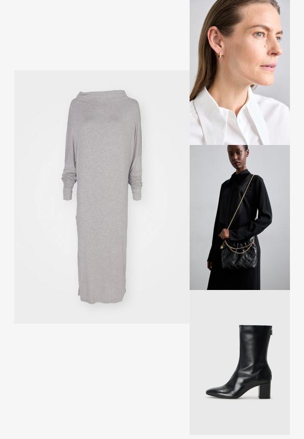 Gaiši pelēks, garām piedurknēm tērps, izgatavots no mīksta, teksturēta auduma. Tam ir plata kakla izgriezuma forma un sānu spraugas, kas nodrošina komfortu un brīvību kustībām.; Melna ādas potītes zābaks ar norādītu purngalu un 4 cm bloku papēdi. Gluds dizains ar sānu rāvējslēdzēju vieglai uzvilkšanai. Gluda tekstūra.; Melna kvadrātveida ādas rokassomiņa ar salocītu augšu, zelta ķēdes siksnu un taisnstūra formu, turēta pret vienkāršu fona.; Zelta riņķa auskari ar mazu dekoratīvu dārgakmens akcentu. Tos nēsā modelis ar taisniem matiem, apvienojot ar balto kreklu ar apkakli.