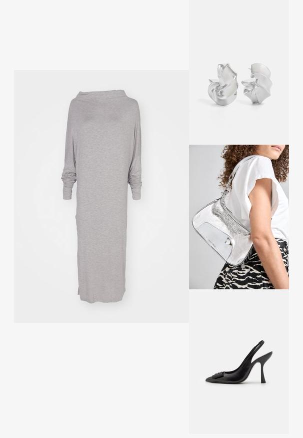 Jasnoszara, długa sukienka z długim rękawem, wykonana z miękkiego, teksturowanego materiału. Posiada szeroki dekolt i boczne rozcięcia dla komfortu i swobody ruchów.; Czółenka na obcasie z czarnej skóry z odkrytym piętą, o ostrym nosku, smukłym wysokim obcasie i dekoracyjną kokardą. Gładka tekstura i elegancki design.; Srebrna, metaliczna torebka na ramię o gładkiej fakturze, zakrzywionym kształcie, łańcuszkowym pasku oraz wypolerowanej przedniej części z delikatnym grawerem logo.; Srebrne kolczyki o płynnych, spiralnych wzorach. Gładka faktura z polerowanym wykończeniem. Posiadają subtelną poświatę i brak widocznych ozdób.