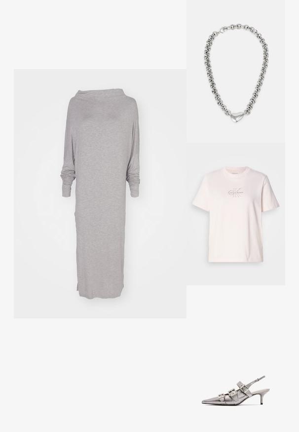 Svetlo siva, dolga obleka z dolgimi rokavi, narejena iz mehkega, teksturiranega blaga. Ima širok izrez in stranske razpoke za udobje in enostavno gibanje.; Svetlo roza bombažna majica s krojem okoli vratu, ki ima srebrno vezeno logo "Calvin Klein" in diskretno zasnovo "CK" na prsih.; Metalni srebrni slingback peti z nazobčenim nosom, ki ima tri široke trakove in kvadratne kovinske zaponke. Sijajna tekstura in vitka peta.; Srebrna verižica z medsebojnimi okroglimi očesi in poliranim srcastim poudarkom na sredini. Vključena je varna zaponka.