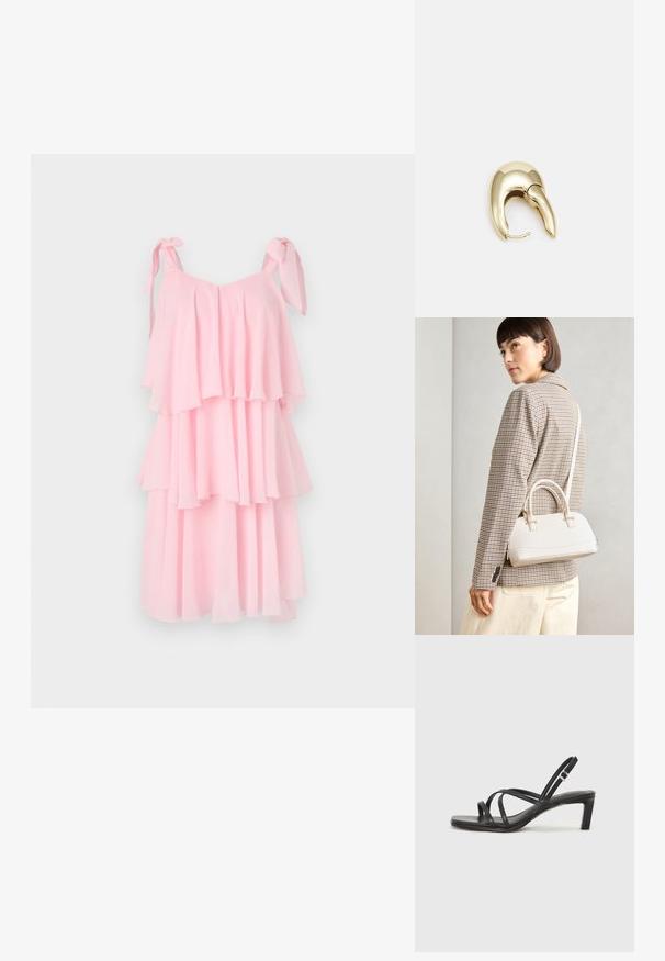 Rosa chiffonkjole med lagdelte volanger, justerbare stropper og en myk, lett tekstur. A-linje silhuett som faller over kneet.; Sorte sandaler med stropper, firkantet tå og lav blokk hæl. Har flere tynne stropper og en justerbar ankelstropp. Laget av glatt lær.; Hvit strukturert håndveske med korte håndtak og skulderreim, med detaljer i gullfinish og teksturert materiale, vist mot en grå bakgrunn.; Gullfarget metalløredobber med et elegant, buet design. Har en karakteristisk spiss form, polert overflate og hengsel-lukking.