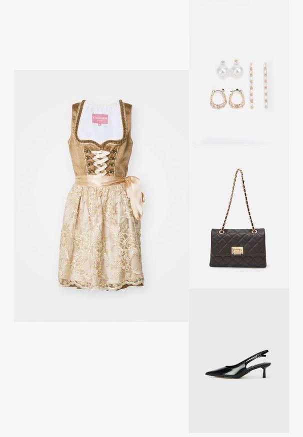 Czarny dirndl z dopasowaną górą z zapinaniem na sznurek, ozdobnymi guzikami i jasnobeżową spódnicą z kwiatowym haftem i wstążką.; Czarne lakierowane sandały na obcasie z wąskim noskiem, cienkim obcasem i regulowanym paskiem z klamrą. Gładka faktura z minimalnymi zdobieniami.; Quiltowana czarna skórzana torebka z złotym łańcuszkiem i zapięciem na klamrę. Posiada prostokątny kształt oraz pikowany diamentowy wzór.; Trzy pary kolczyków: duże białe perły wkrętki, złote kolczyki w kształcie kół z przezroczystymi kamieniami, oraz dwa długie, proste złote kolczyki akcentujące z błyszczącymi detalami.