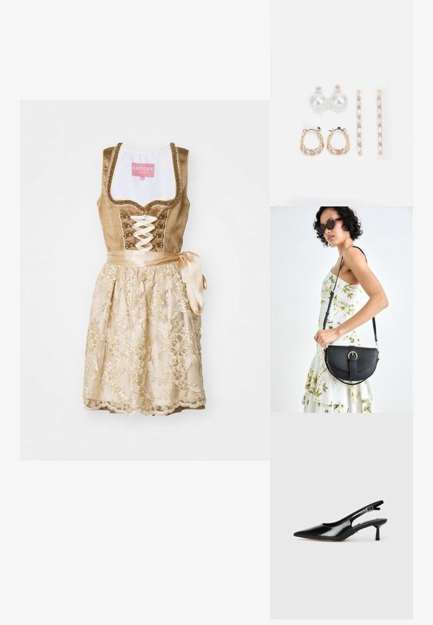 Robe dirndl beige avec corsage ajusté, devant lacé, boutons décoratifs et jupe crème ornée de broderies florales et d'un ruban.; Escarpins à talons slingback en cuir verni noir avec un bout pointu, un talon fin et une sangle réglable. Texture lisse avec un détail minimal.; Sac à main en cuir noir avec une forme courbée, bandoulière amovible et des accessoires en or. Le sac est doté d'un rabat avec un détail de boucle.; Trois paires de boucles d'oreilles : de grandes perles blanches en boutons, des créoles en or avec des pierres claires, et deux longues boucles d'oreilles droites en or avec des détails scintillants.