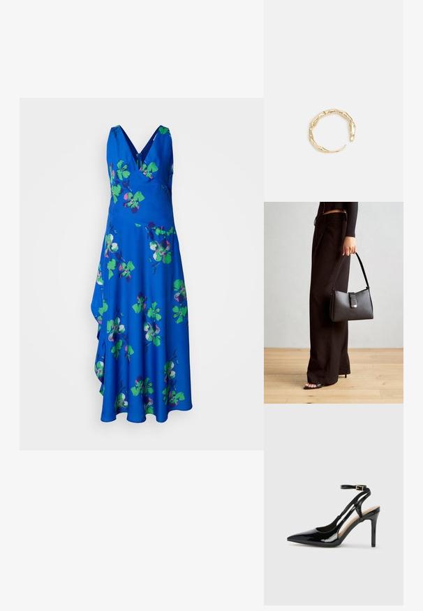 Modrá bezramienková šaty s výstrihom do V, zdobené kvetinovým vzorom v zelenej a fialovej farbe. Plynulá sukňa s asymetrickým lemom.; Čierne lakované kožené sandále na vysokom podpätku s špicatou špičkou, nastaviteľným remienkom na členku a otvorenými bokmi. Hladká textúra.; Čierna kabelka so štruktúrovaným tvarom, hladkou textúrou a kovovou sponou. V kombinácii so širokými čiernymi nohavicami a sandálmi s otvorenou špičkou na drevenej podlahe.; Prsteň v zlatej farbe s organickým, skrúteným dizajnom, hladkým povrchom a zužujúcimi sa koncami, vytvárajúci moderný, sochársky vzhľad.