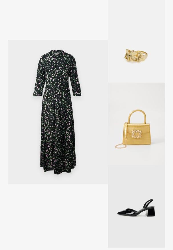 Ziedu garā kleita no melnas auduma, ar rozā un zaļiem lapu rakstiem, ar apkakli un trīs ceturtdaļu piedurknēm, kas ir taisnas formas.; Melna lakota āda ar atvērto papēdi, ar smailu purngalu un ģeometrisku blokpapēdi. Iezīmējas elegants, minimāls dizains un gluda tekstūra.; Dzeltena mākslīgā krokodila roku soma ar strukturētu dizainu, augšējo rokturi, noņemamu ķēdes siksniņu un dekoratīvām kristāla rotājumiem aizdares daļā.; Zelta gredzens ar teksturētu, viļņotu dizainu, kas rotāts ar trim izteiktām virsotnēm. Gluda, spīdīga virsma ar atvērtu joslu, lai to varētu pielāgot.