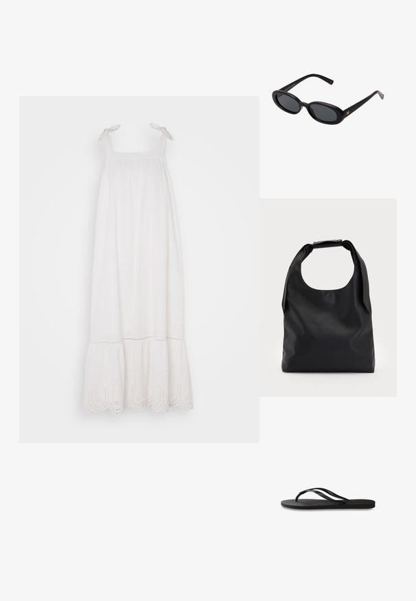 White sleeveless dress with gathered bodice, adjustable tie straps, and eyelet lace trim at the hem. Soft fabric with a flowy silhouette.; Black flip-flop featuring a textured rubber sole, two slender straps, and a subtle, embossed logo detail on the strap.; Black oversized sunglasses with oval lenses, smooth plastic frame, and gold accents on temple. Dark lenses provide sun protection.; Black leather hobo bag with a single, soft, rounded handle; features a smooth texture and a minimalist design. No visible hardware or accents.