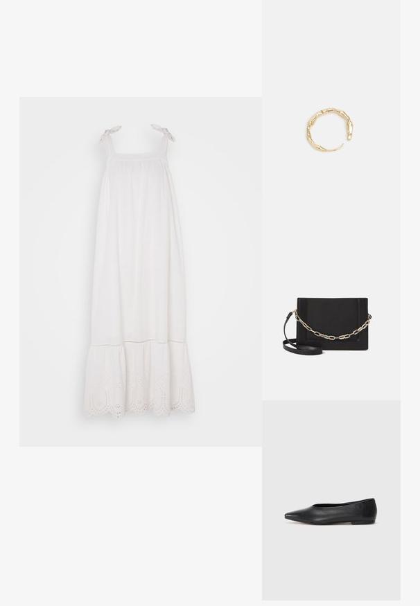 Hvid ærmeløs kjole med samlet skæring, justerbare bindebånd og øjelet-lace trim ved kanten. Blødt stof med en let og flowy silhuet.; Sort læder balletflade, spidse tæer, minimalistsk design, glat tekstur, lav hæl, ingen synlig hardware eller udsmykninger.; Sort læder crossbody taske med en glat tekstur, rektangulær form og en metallisk kæde detalje foran. Justerbar skulderrem inkluderet.; Guld-tone ring med et organisk, snoet design, glat overflade og affasede ender, hvilket skaber et moderne, skulpturelt udseende.