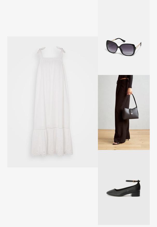Hvit ermeløs kjole med samlet midje, justerbare snorer, og broderte blonder på kanten. Myk stoff med en lett og luftig silhuett.; Sorte skinnpumper med spiss tå og lav blokkhelt. Har ankelrem med gullfarget spenne. Glatt tekstur.; Sorte oversized solbriller med gradient linser, tykke rammer og detaljering med gulltonekjede på tempelarmene.; Svart håndveske med strukturert form, jevn tekstur og metallisk lås. Kombinert med brede svarte bukser og sandaler med åpen tå på tregulv.