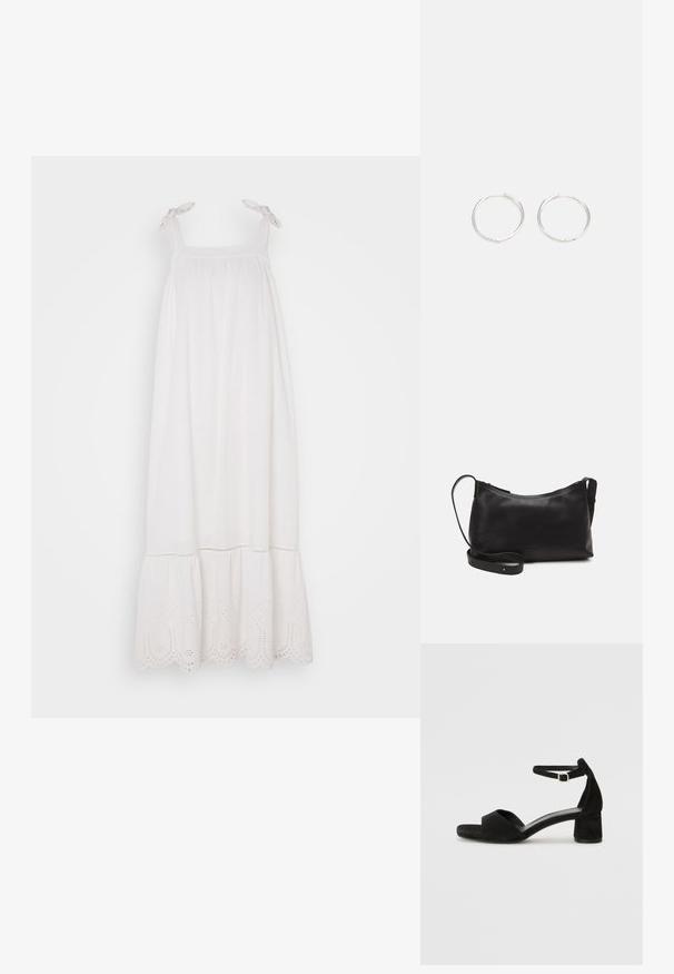 Biele bezrukávové šaty so z gathered bodicou, nastaviteľnými viazacími ramienkami a očkovou čipkou na leme. Mäkka látka s voľnou siluetou.; Čierne semišové sandále na podpätku s tenkým popruhom okolo členku, otvorenou špičkou a skromným blokovým podpätkom. Hladká textúra a minimálne akcenty.; Čierna kožená ramenná taška s hladkou textúrou, zakriveným tvarom, nastaviteľným popruhom a zipsom. Minimalistický dizajn bez ozdôb.; Strieborné kruhové náušnice s elegantným, okrúhlym dizajnom, s hladkým povrchom a bez viditeľných ozdôb. Priemer nie je špecifikovaný.