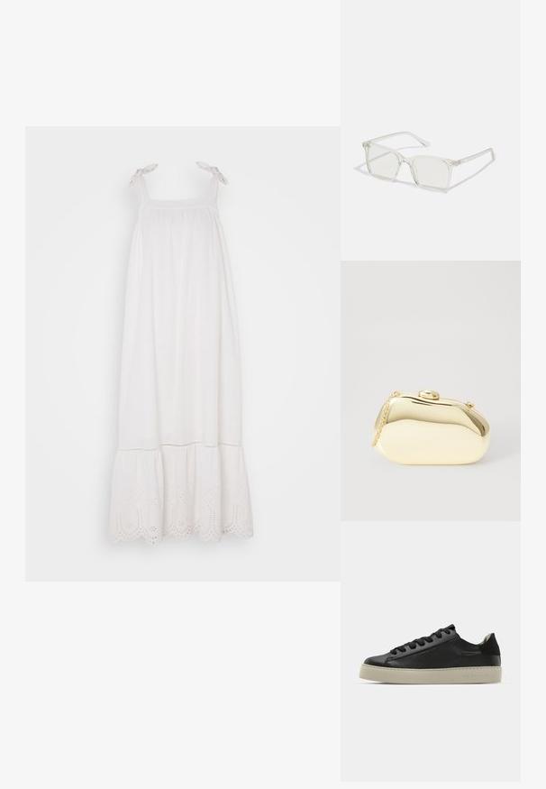 Vestido blanco sin mangas con cuerpo fruncido, tirantes ajustables y borde de encaje de ojal en el dobladillo. Tejido suave con una silueta fluida.; Zapatilla de cuero negro con punta redonda, parte delantera con cordones y gruesa suela de goma color crema. Presenta un detalle de marca embellecido en el costado.; Gafas cuadradas de plástico transparente con lentes translúcidos, que cuentan con acentos dorados en las patillas para un detalle adicional.; Clutch metálico dorado con una forma suave y redondeada, que presenta un cierre de botón en la parte superior y una pequeña correa de cadena para llevar.