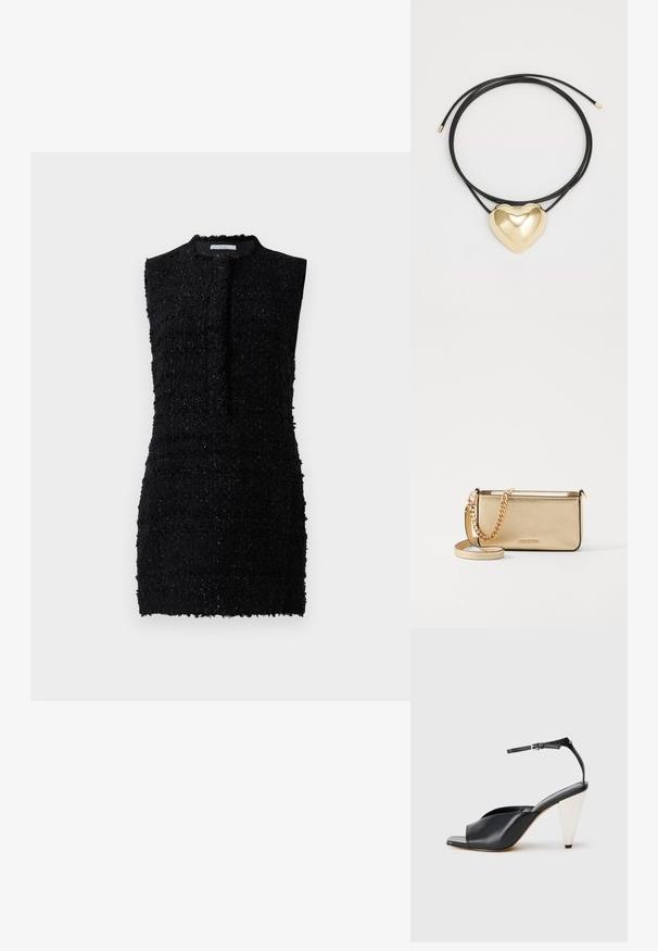 Fekete ujjatlan ruha texturált anyagból, enyhén laza fazonnal, magas nyakkivágással és minimális díszítéssel.; Fekete bőr magassarkú szandál nyitott orral, aszimmetrikus dizájnnal, bokapánttal és fémes kúpos sarokkal. Az anyag sima textúrájú.; Fémes arany bőr clutch táska textured felülettel, arany lánc pánttal és levehető vállpánttal. Márkájának logója debösszel.; Fekete fonott zsinór nyaklánc, polírozott arany szív medállal, sima vonalakkal és fényes felülettel.