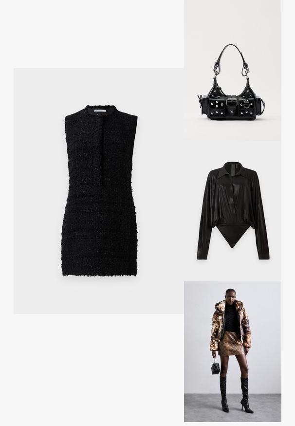 Fekete ujjatlan ruha texturált anyagból, enyhén laza fazonnal, magas nyakkivágással és minimális díszítéssel.; Fekete egyrészes ruházat hosszú ujjakkal, V-kivágással és testhez simuló fazonnal. Fényes, sima anyagból készült, strukturált gallérral és mandzsettákkal.; Barna és fekete mintás puffjú dzseki, barna kígyóbőr mintás mini szoknyával, fekete térdig érő csizmával és egy kicsi fekete táskával párosítva.; Fekete bőr kézitáska ívelt designnal, ezüst szegecsekkel, csattal és két oldalsó zsebbel. Állítható vállpánt a hordozási lehetőségekhez.