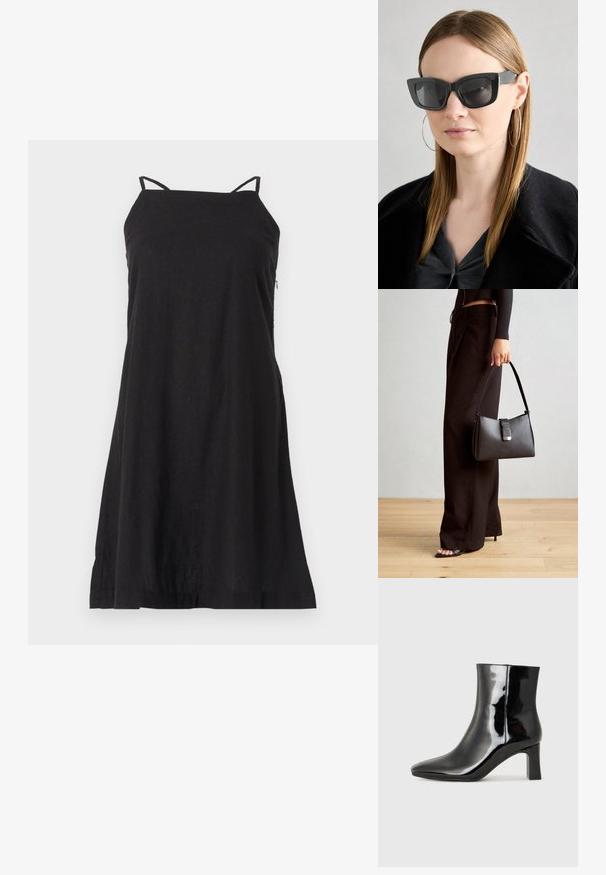 Vestido preto, sem mangas, com alças finas, feito de tecido leve. Apresenta uma silhueta solta em A com uma bainha reta.; Botim de tornozelo em pele sintética preta com bico apontado e salto bloco de altura média. Textura suave e design minimalista.; Óculos de sol pretos em formato de gato com lentes escuras, armações grossas e acentos subtis. Usados com um casaco preto e uma blusa cinza, apresentando cabelo longo e liso.; Bolsa preta com forma estruturada, textura suave e um fecho metálico. Combinada com calças largas pretas e sandálias de salto aberto sobre um chão de madeira.