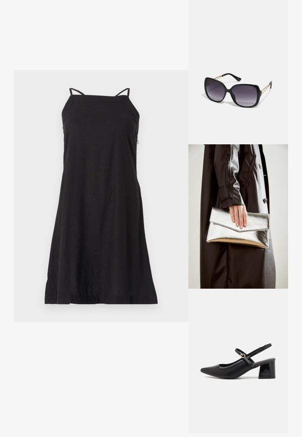 Černé bezrukávové šaty s tenkými ramínky vyrobené z lehkého materiálu. Mají volný, áčkový střih s rovním lemem.; Černé lakované lodičky s otevřenou patou, špičatou špičkou, zaobleným střihem a blokovým podpatkem. Zdobené akcentem v zlatém tónu.; Černé oversized sluneční brýle se gradientními skly, silnými rámy a zlatými řetízkovými detaily na nožičkách.; Stříbrná metalická kabelka ve tvaru klínového obálkového designu, hladké textury a s kontrastní barvou uvnitř, držena v ruce s černým kabátem.